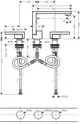 Axor Waschtischarmatur mit drei Löchern, shown in einem technischen Diagramm, inklusive Dimensionen und Installationsdetails für das Armaturensystem.